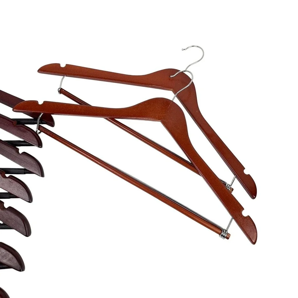 7 Vintage Solid Wood Suit Hangers Cherry Finish + 2 Non Slip Pant Bar Chrome
